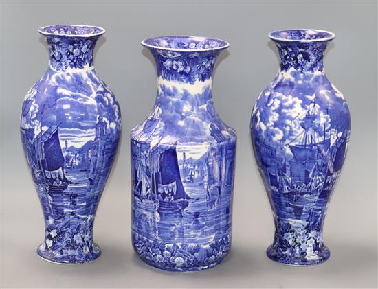 A pair of Wedgwood Ferrara white and blue vases and another vase tallest 30.5cm